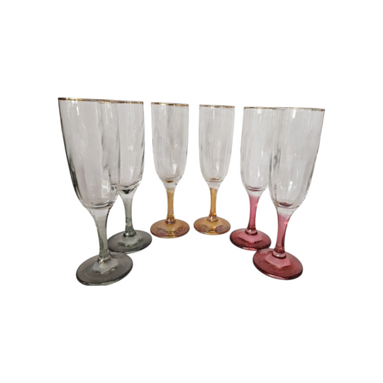 Optic Ribbed Champagne flutes with gold rims and colored Stems, Set of 6