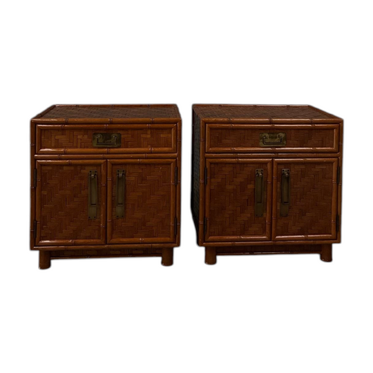 Woven Rattan Bedside Cabinets Pair 1970s