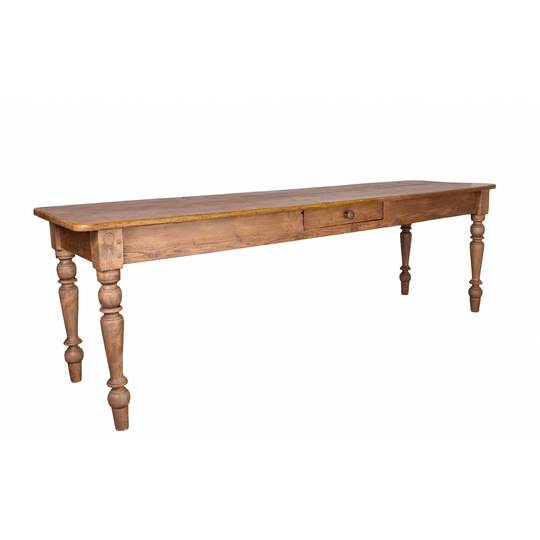 Beautiful Antique French Dining Table in a blonde French Pine with turned legs and central drawer from a chateau near Annecy