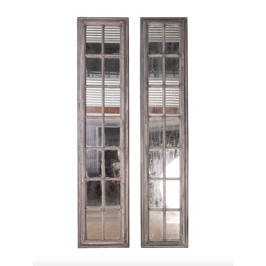 Pair of Oversized tall mirrored panels with grey painted patina frames
