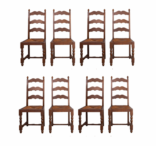 Set of 8 antique French wicker ladder back dining chairs from Lyon
