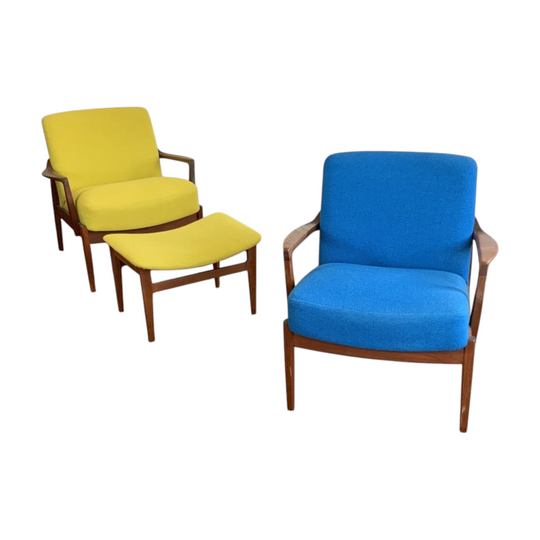 Danish Teak FD125 Lounge Chairs by Tove and Edvard Kindt Larsen for France and Son + Danish Teak Foot Stool. Priced individually.