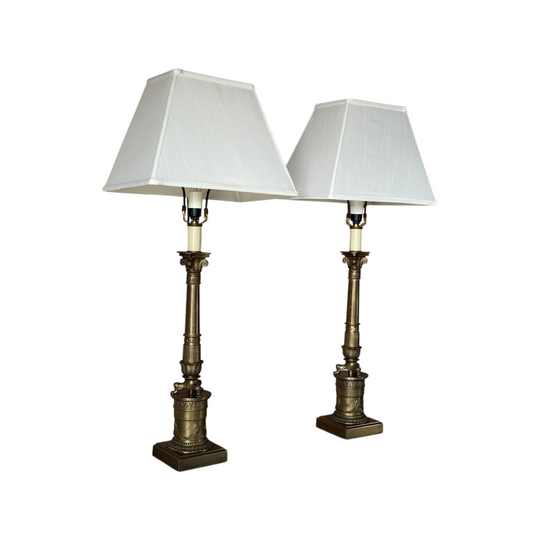 Pair of Vintage Oversized Cast Brass Column Table Lamps