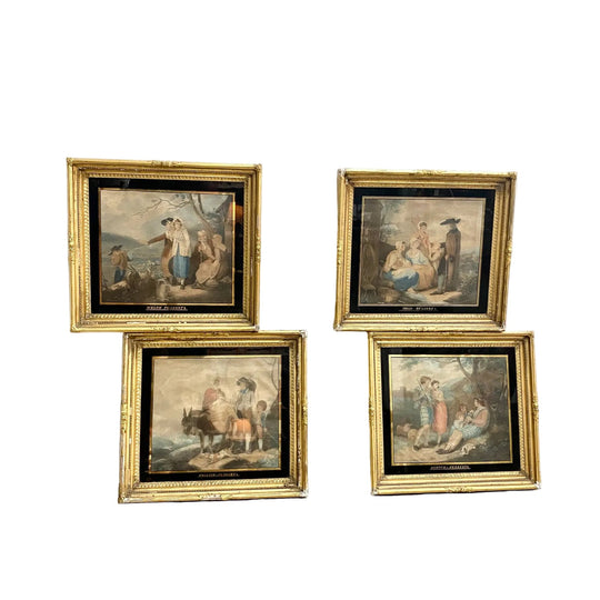 Set of 4 Antique Peasant Prints In Gilded Wooden Frames c1900 *