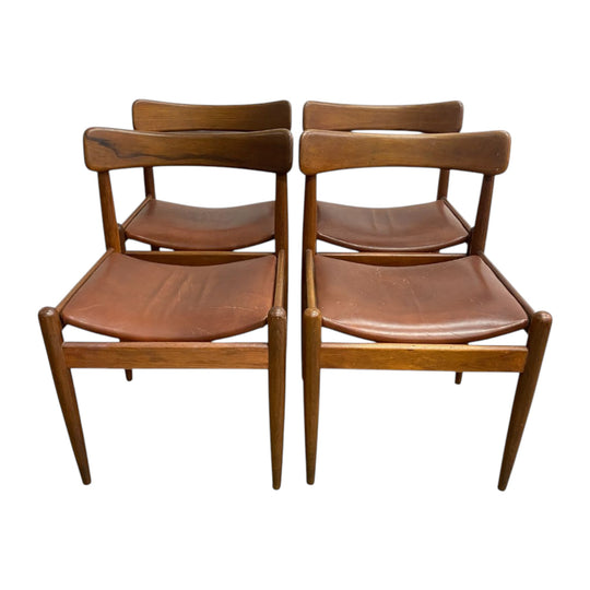 Set of 4 Mid Century Teak Parker 'Nordic' Dining Chairs With Original Leather Seats