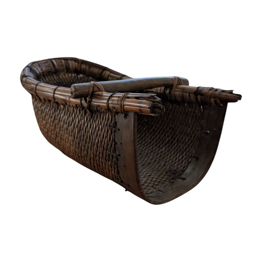 19th Century Chinese Rice Winnowing Basket with Timber Carrying Handle