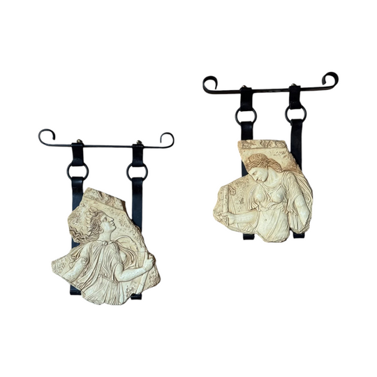 Pair of Vintage Roman Style Composite Friezes with Heavy Wrought Iron Wall Brackets