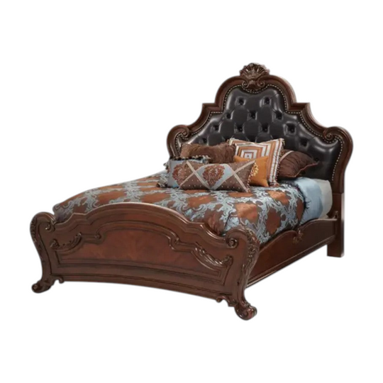 Tuscan style, Luxury Classic King Bedroom Suite, Ornate Solid Wood, Marble & Tufted Leather