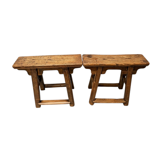 1683: Pair of Antique Chinese Low Benches Rustic Wood Worker Stools