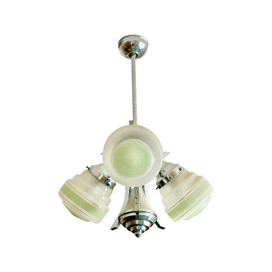 Art Deco Chrome 3 Branch Green Frosted Glass Shade Light and Sconce