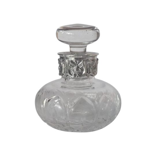 Vintage Atlantis Crystal Perfume Bottle Sterling Silver collar- Signed