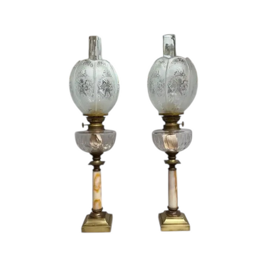 Pair of French Parisian Empire Style Oil Lamps Brass & Onyx