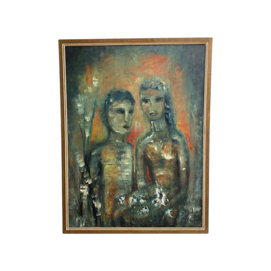 Mid Century Oil On Board Portrait Painting Of Two Figures