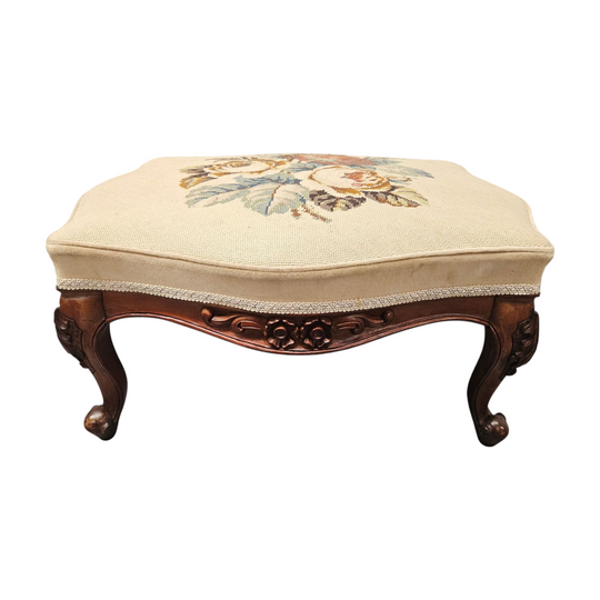 French Mahogany Louis XV Style Footstool With Floral Tapestry