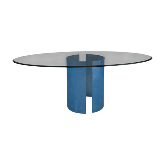 1980s Italian Glass Oval Dining Table with Frosted Blue Glass Pedestal