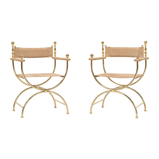 Pair of Mid Century Gilt Brass Curule Chairs
