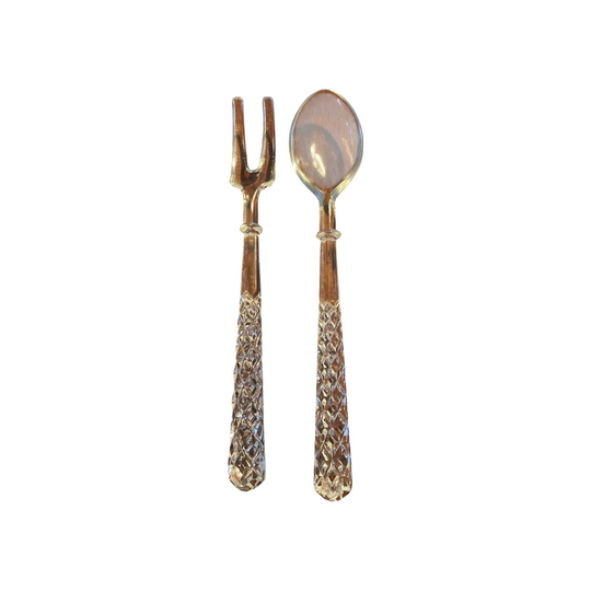 Crystal diamond cut salad serving fork and spoon pair. Vintage cut glass servers.