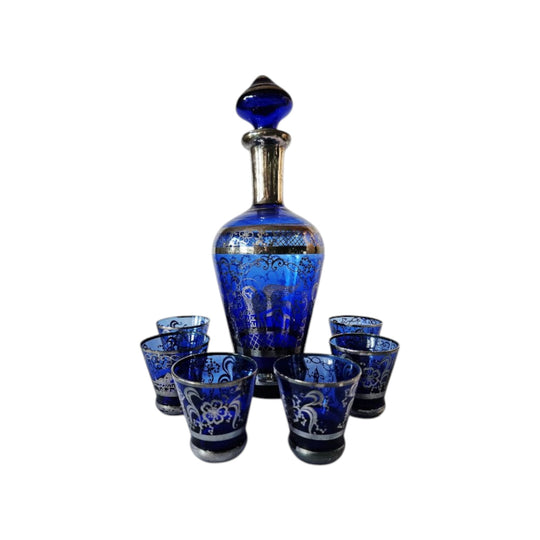Venetian Cobalt Blue Blown Glass Decanter and Six Glasses with Sterling Silver Overlay, Gondola Scenes and Lion of Venice, c.1950