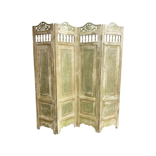 Vintage Rattan & Distressed Wood Folding Screen Room Divider