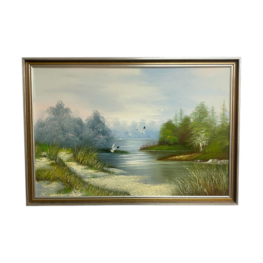 Vintage Landscape Painting With Water Birds Signed Granger