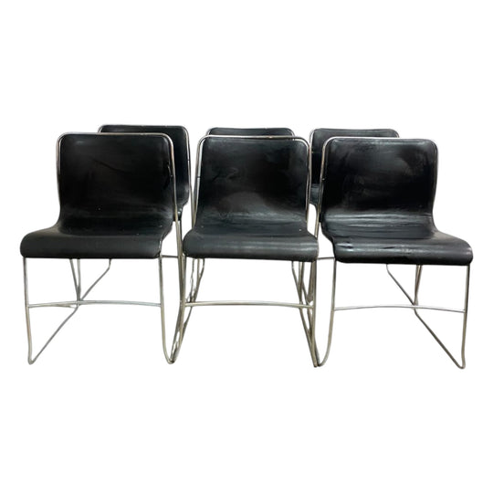 6 Vintage Mid Century 1970's Italian Chrome And Leather Dining Chairs Stackable