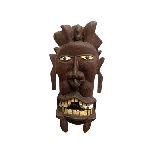 Vintage Pacific Island Tribal Wooden Head Carving Sculpture With Mother Of Pearl