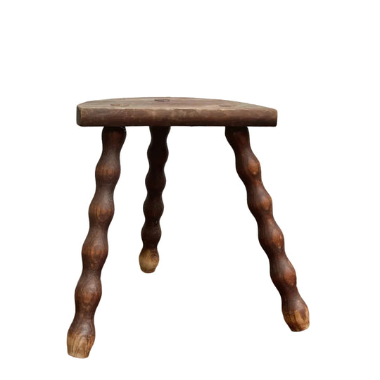 French Half-Moon Three-Legged Bobbin Milking Stool with Patina