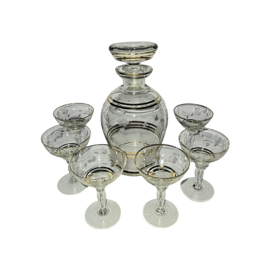 Elegant Carafe Liquor set etched with gold rims 7pc