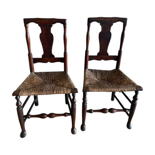 Antique English Oak Spindle Back Chairs Pair Dark Wood