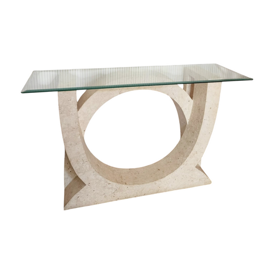 Vintage Curved Fossil Stone Hall Table with Bevelled Glass