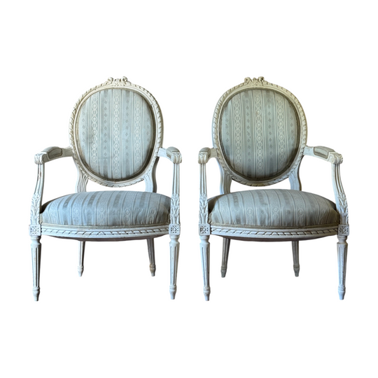 Pair Of Antique Louis XVI Style Oval Back Armchairs Circa 1900