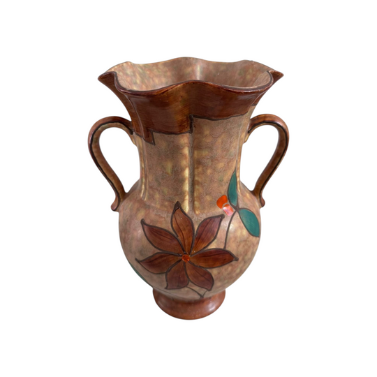 Vase Czechoslovakia Pottery Hand-Painted Two Handle Floral 26cm