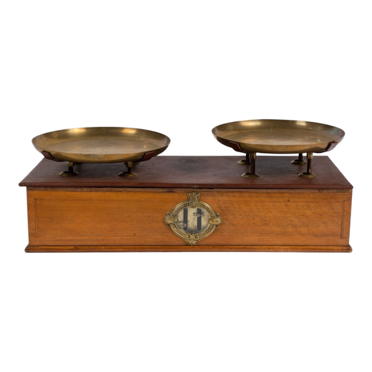 Impressive and beautiful set of large 20th century antique French scales with brass trays from The French Alps