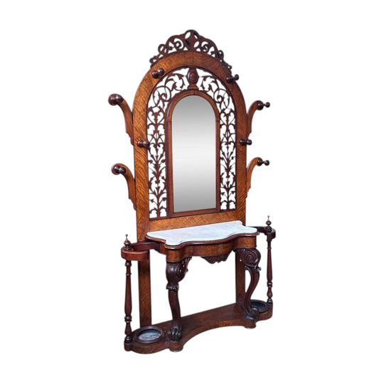 English mahogany arch top hall stand with fretwork and serpentine marble top c.1860