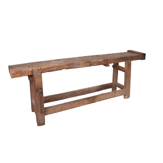 Antique French rustic 'Etabli' Workbench with vice and storage from a chateau workshop in the French Alps