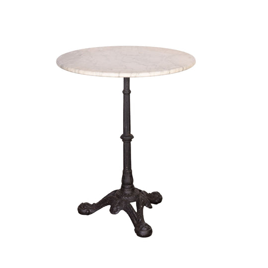 Vintage French outdoor Marble top bistro table with wrought iron base from L’Isle-sur-la-Sorgue