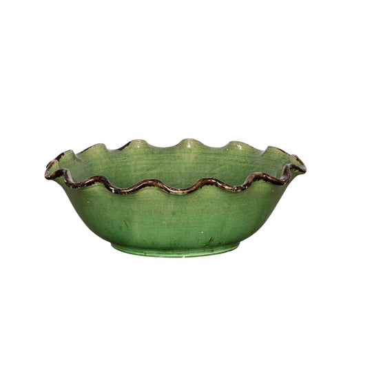 Vintage French green glazed bowl with scalloped edges from Provence