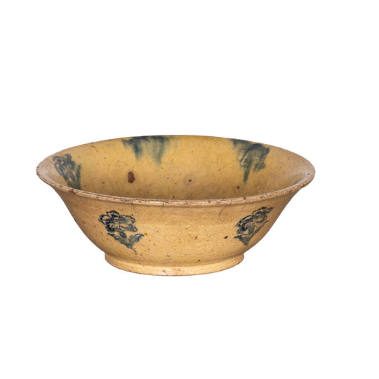 Beautiful early 19th Century Provincial Terracotta large hand-thrown bowl with yellow and green patterned glaze