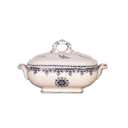 Antique French Blue and White square serving tureen with birds, butterflies and floral motifs