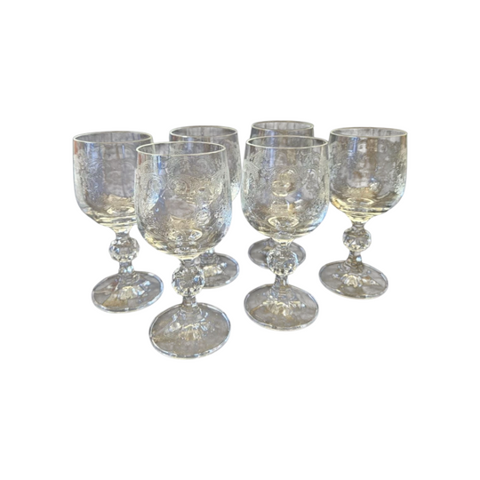 Vintage Set of 6 Import Bohemia Assoc Cascade Etched Ball Stem Cordial Goblets