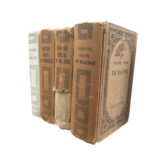 A stack of 4 vintage French hard back books of Theatre and Fables found in Provence
