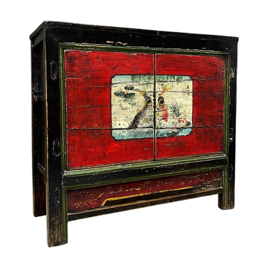 Antique Chinese Cabinet, Original Painted Finish, Koi & Floral Panel
