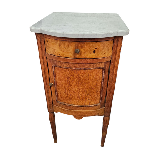 French Figured Burr Walnut & Oak Marble Top Bedside Cabinet