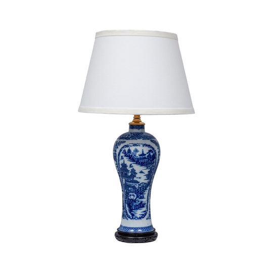 A charming miniature blue and white Chinese porcelain table lamp, with ivory silk shade