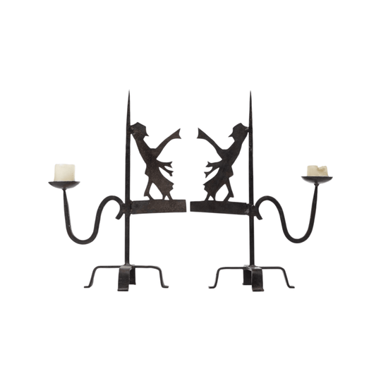 A charming pair of Vintage French wrought iron Candlestick holders with figurines discovered in the French Alps.