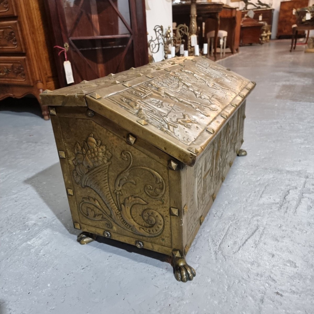 A Highly Decorative 19th Century French Embossed Gilt Brass Fire Coal Box | Bazaa | Designer, Vintage and Antique Furniture