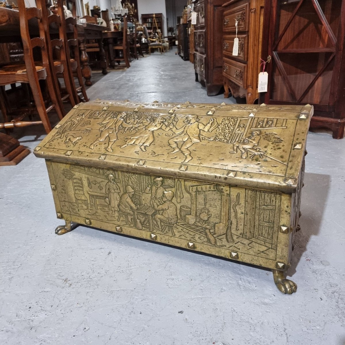 A Highly Decorative 19th Century French Embossed Gilt Brass Fire Coal Box | Bazaa | Designer, Vintage and Antique Furniture