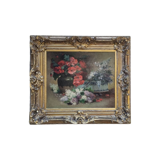 A large antique French still life oil painting in ornate frame