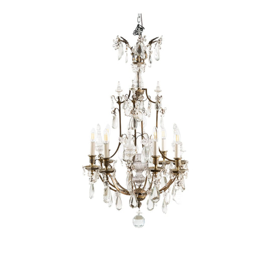 A Louis XV Style Chandelier With a Gilded Cage and Crystal Drops