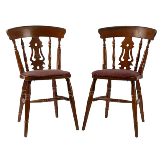 A pair of 19th Century vintage French alpine chalet chairs with red and grey fabric from Annecy